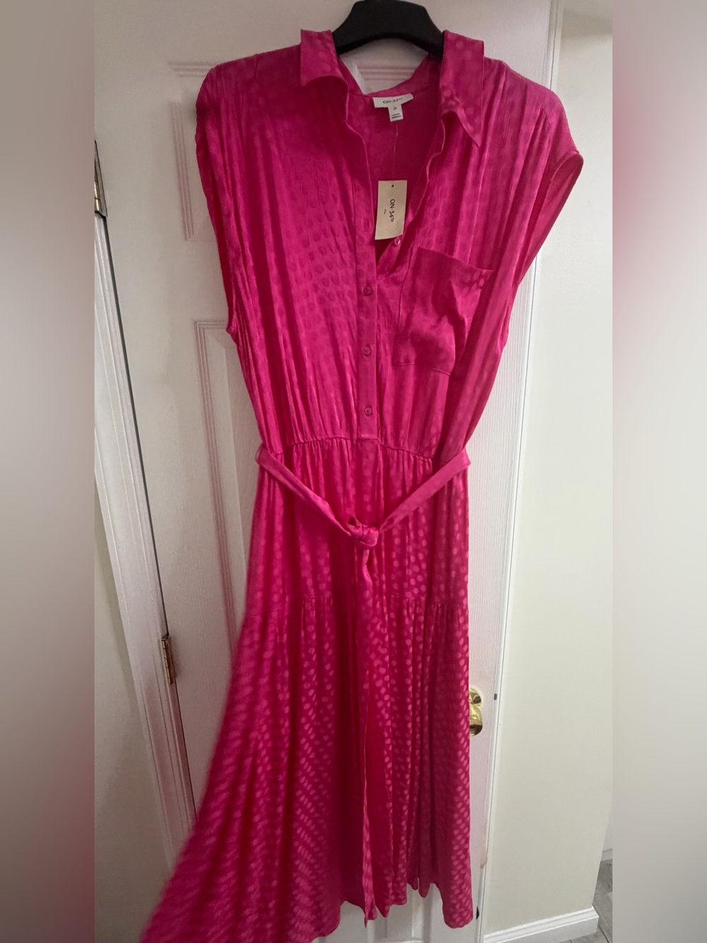 Bright Pink Midi Shirt Dress with Waist Tie NWT